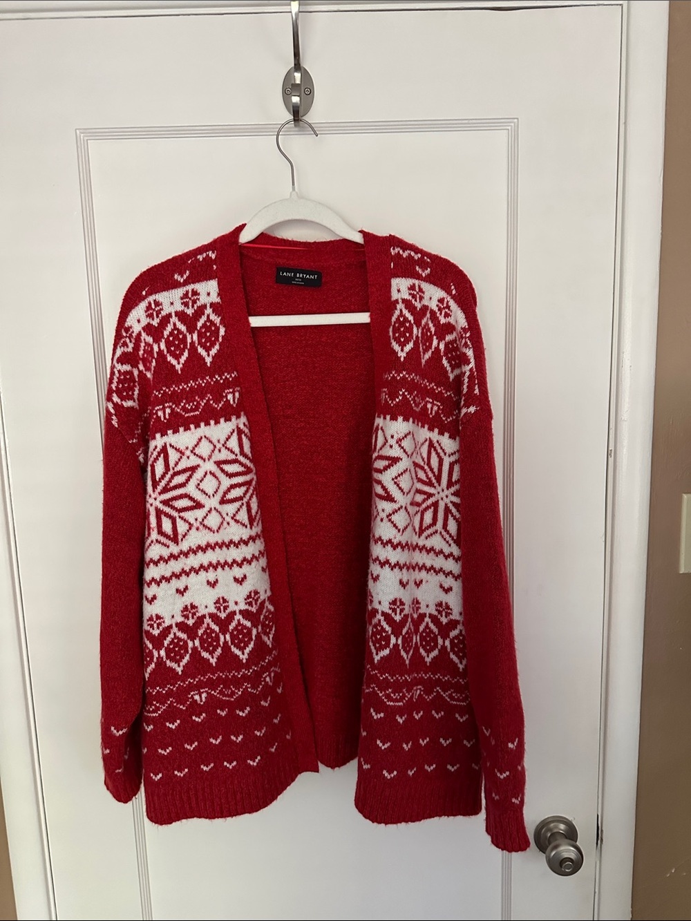 Lane Bryant Red and White Fair Isle Open-Front Cardigan